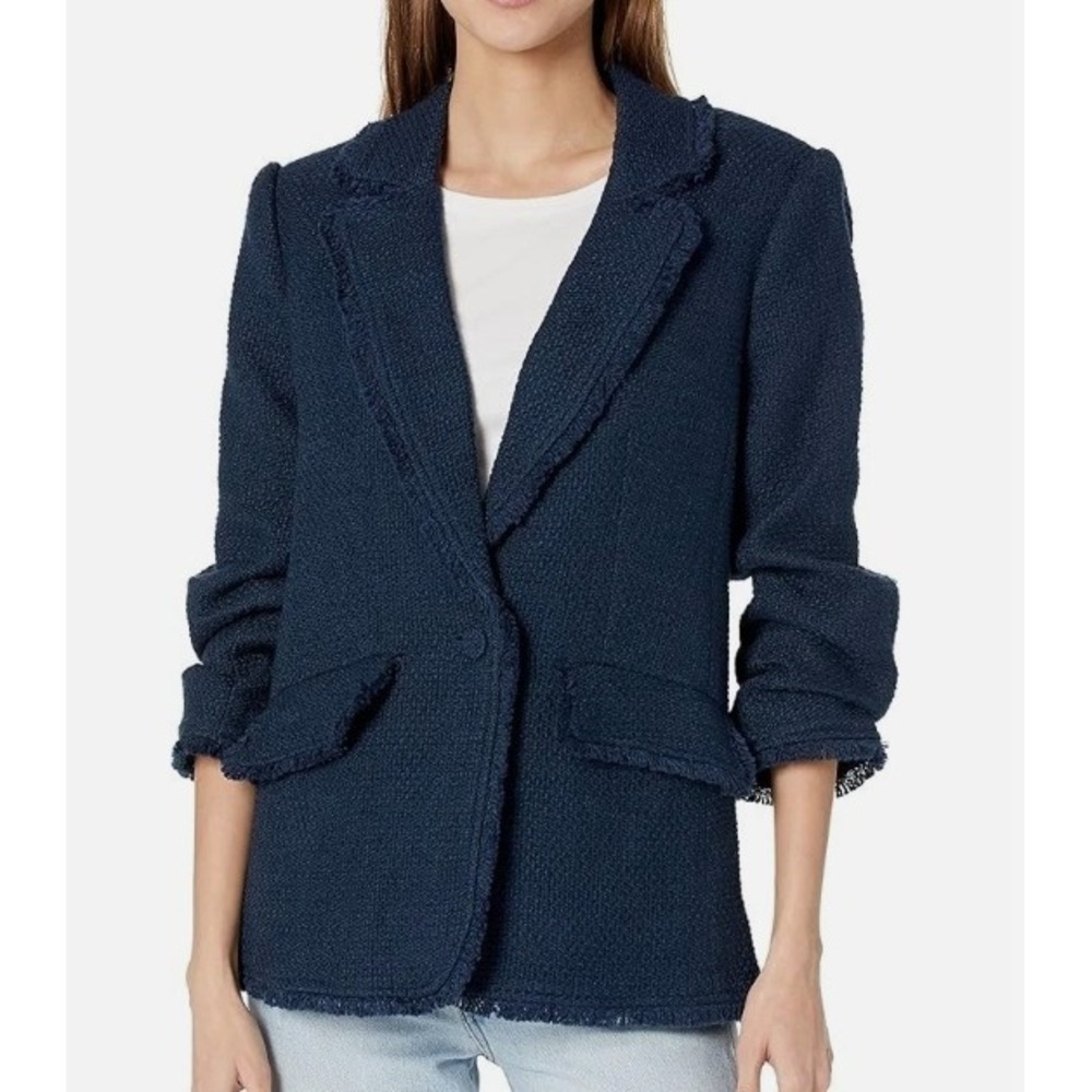 Cinq a Sept Erin Blazer Jacket Navy Blue Cotton Tweed Fringe Ruched Sleeves 8